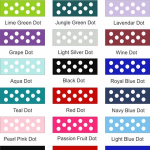 May include: A chart showing 3/8 inch ribbon colors with white polka dots on various colored backgrounds. The colors include lemon yellow, yellow gold, orange, lime green, jungle green, lavender, grape, light silver, wine, aqua, black, royal blue, teal, red, navy blue, pearl pink, passion fruit, light blue, black solid, red solid, royal blue solid, green solid, and light silver solid.