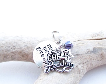 Cheerleading Zipper Pull, Cheerleader Bag Charm, Cheer Gifts, Cheerleading Party Favors, Never Never Give Up