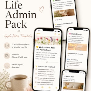 以下が含まれることがあります： 4台のスマートフォンに「Life Admin Pack」、「Weekly Reset」、「Brain Dump」、「Meal Plan」というタイトルのデジタルテンプレートが表示されています。画面にはテキスト、リスト、花の画像が表示され、テンプレートの使用方法に関する説明文が含まれています。