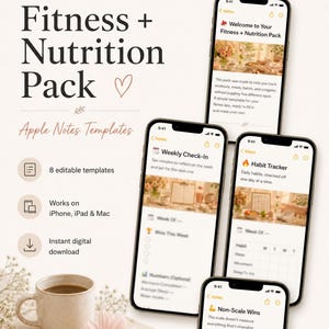 以下が含まれることがあります： 4台のスマートフォンに表示されたApple Notes用のデジタルFitness + Nutritionパック。テキストには「Wellness Organization in Apple Notes」、「Fitness + Nutrition Pack」、「Apple Notes Templates」、「8 editable templates」、「Works on iPhone, iPad & Mac」、「Instant digital download」が含まれています。
