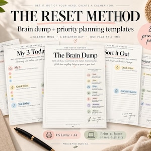 Könnte beinhalten: Ein Set aus acht druckbaren Planungsvorlagen mit dem Titel The Reset Method, das Abschnitte wie The Brain Dump, My 3 Today und Project Reset enthält. Die Seiten bieten linierte Bereiche, Kontrollkästchen und Symbole zur Organisation von Aufgaben und Gedanken.