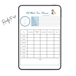 K&ouml;nnte beinhalten: Eine digitale Vorlage f&uuml;r einen Haustier-Mahlzeitenplaner auf einem Tablet-Bildschirm. Das Layout enth&auml;lt einen Bereich f&uuml;r Haustierinformationen, einen Platzhalter f&uuml;r Fotos und ein w&ouml;chentliches Raster f&uuml;r Mahlzeiten, Snacks und Notizen.