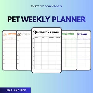 Può includere: Un download digitale di un pianificatore settimanale per animali domestici visualizzato su cinque schermi di smartphone. Il pianificatore presenta un layout a griglia con sezioni per priorità, appuntamenti ed elenchi di cose da fare. Il testo "PET WEEKLY PLANNER" è ben visibile. L'immagine include anche il testo "INSTANT DOWNLOAD" e "PNG AND PDF".