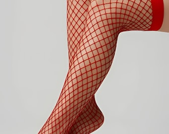 Fishnet Thigh High Stockings, Black and Red Mesh Over Knee Socks, Sexy Stretchy Lingerie Hosiery, Festival Clubwear Legwear