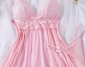 Blush Pink Lace Nightdress – Sheer Tulle Mini Strap Sleepwear
