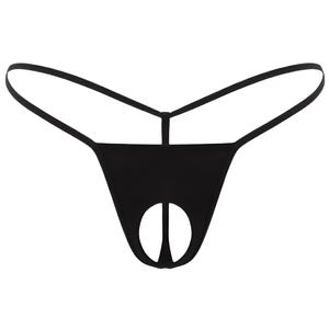 May include: Black thong underwear with a unique design. The garment features a low-rise waist and a distinctive open front. The straps are thin and delicate, creating a minimalist aesthetic. The underwear is made of a smooth, opaque fabric.