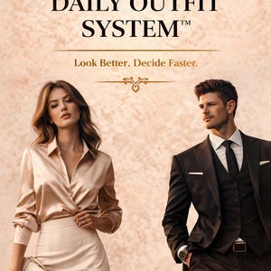 May include: Image promoting a "Daily Outfit System." A woman wears a beige satin blouse and skirt, holding a purse. A man wears a black suit and tie. Text reads "Look Better. Decide Faster."