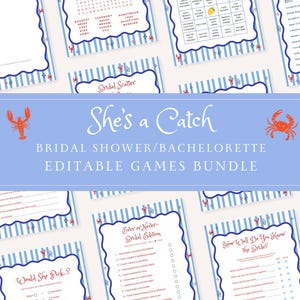 Könnte beinhalten: Eine Sammlung druckbarer Spiele für Brautpartys und Junggesellinnenabschiede mit blau-weiß gestreiftem Rand und kleinen roten Hummer-Illustrationen. Das Set enthält Titel wie Word Search, Find the Guest Bingo und Ever or Never.