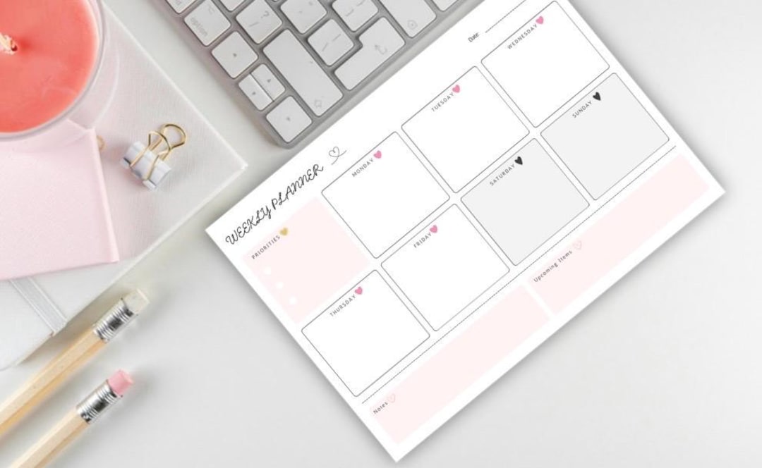 Weekly Planner Printable A4, Pink Cute Heart Planner, Minimal Weekly ...