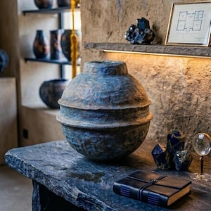 May include: A large, round, blue-toned ceramic vase with a textured surface sits on a dark stone surface. Other decorative items include a leather-bound journal, crystals, and a magnifying glass. Shelves in the background display more pottery.