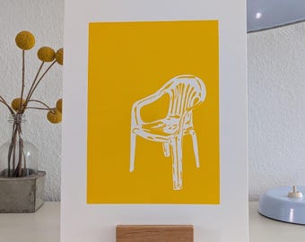Linoldruck Linocut Monobloc Stuhl Stuhl Design 70er Wandkunst Minimalistischer Kunstdruck, Wandkunst, Handgemacht Poster Karte A5 A4