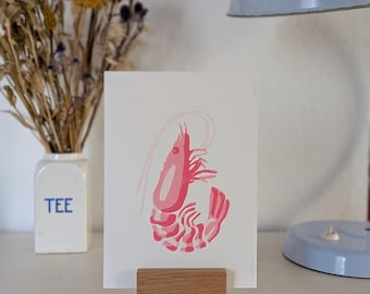 Garnele Linoldruck – Moderner Kunstdruck, Linocut Print, Handgemachte Wandkunst, Geschenkidee Meerestier, Postkarte A5 verlorene Platte, Art