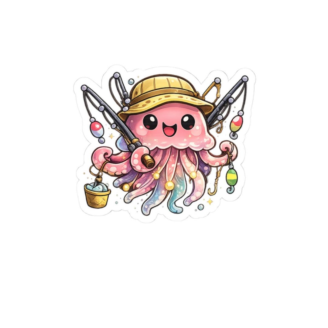 Hid Sticker Cute Fishing Jellyfish Sticker | Kawaii Fisherman Jellyfish | Ocean Sea ...