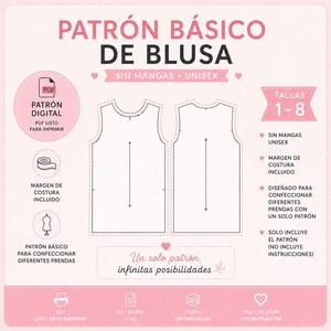 Könnte beinhalten: Ein digitales Schnittmuster für eine ärmellose Unisex-Bluse mit der Aufschrift PATRÓN BÁSICO DE BLUSA. Die Grafik zeigt Vorder- und Rückenteile, Größen 1-8 sowie Symbole für PDF-Format, Nahtzugabe und Druckformate wie A4, Letter und A0.