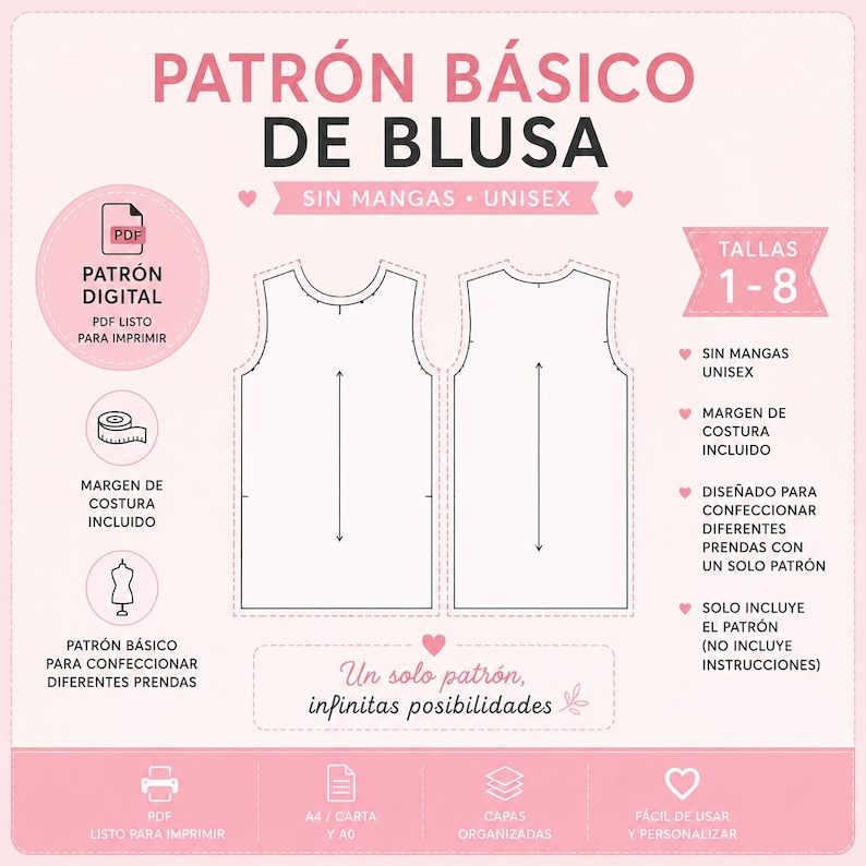 May include: A digital sewing pattern for a sleeveless unisex blouse, labelled PATR&Oacute;N B&Aacute;SICO DE BLUSA. The graphic displays front and back outlines, size range 1-8, and icons indicating PDF format, seam allowance included, and printable A4, Letter, and A0 sizes.