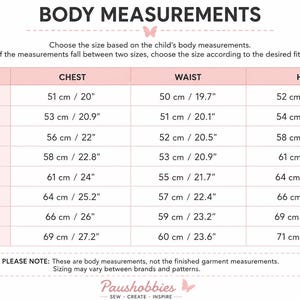 May include: A body measurement chart for children's clothing sizes T1 through T8, featuring columns for chest, waist, and hip measurements in centimetres and inches. The table includes text notes about sizing and the brand name Paushobbies at the bottom.