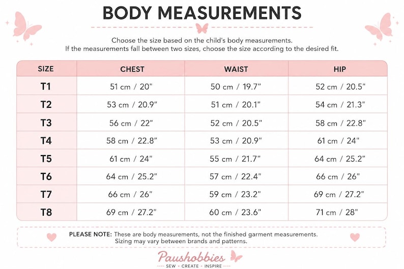 May include: A body measurement chart for children's clothing sizes T1 through T8, featuring columns for chest, waist, and hip measurements in centimetres and inches. The table includes text notes about sizing and the brand name Paushobbies at the bottom.