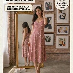 May include: A digital PDF sewing pattern for the Hana dress, featuring a size range of 2-22 US. The pattern includes printable files in A0 and A4 formats, a step-by-step guide, and a visual display of the finished dusty pink floral dress.