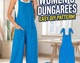 Può includere: Salopette blu vivace con spalline annodate, due tasche frontali applicate e un dettaglio con orlo sfrangiato. Il testo recita VIRANT BLUE WOMEN'S DUNGAREES EASY DIY PATTERN! e Frayed Hem Detail. Include un disegno tecnico in piano.