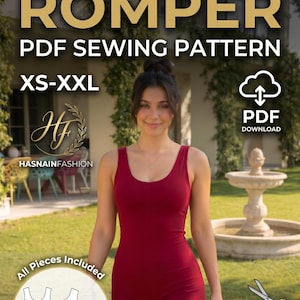 May include: A digital PDF sewing pattern for an activewear romper in sizes XS-XXL. The design features a sleeveless, scoop-neck, one-piece garment in a solid dark red color. Includes a visual guide of pattern pieces and a PDF download icon.
