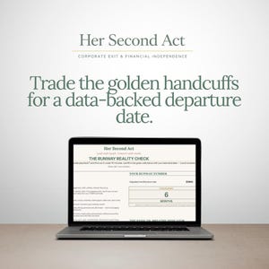 May include: A laptop displaying a financial planning document titled "Her Second Act." The screen shows a form with the text "The Runway Reality Check" and "Your Runway Number." The laptop is on a wooden surface against a white background.