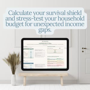 May include: A digital tablet shows a financial planning document. Above, text reads "Calculate your survival shield and stress-test your household budget for unexpected income gaps." The document is titled "The Runway Reality Check."