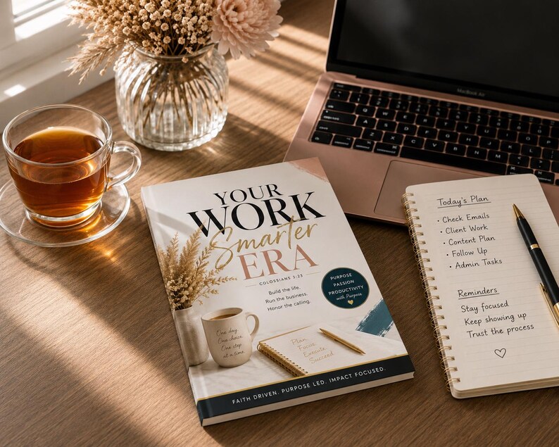 Op de afbeelding: Een werkplek met een laptop, een notitieboekje met een takenlijst en een boek met de titel "Your Work Smarter Era". Een kopje thee en een vaas met bloemen zijn ook aanwezig. De sc&egrave;ne speelt zich af op een houten oppervlak.