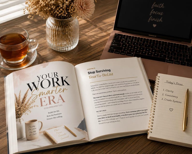 Op de afbeelding: Een open boek getiteld "Your Work Smarter Era" met een koffiemok, pen en notitieboek op een houten bureau. Een laptop met de woorden "faith focus finish" staat op de achtergrond. Een kopje thee en een vaas met bloemen zijn ook aanwezig.
