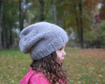 Gray Alpaca Knit Hat / Slouchy Knitted Baby Alpaca Beanie / Chunky Knit Hat