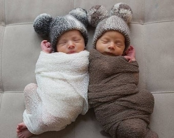 Infant Pom Pom Hat, Photography Prop, Baby Alpaca Knit Hat with Undyed Yarn