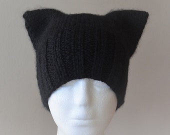 Black Knit Pussyhat Project, Women’s March, Madonna Black Cat Ear Hat, Made in USA