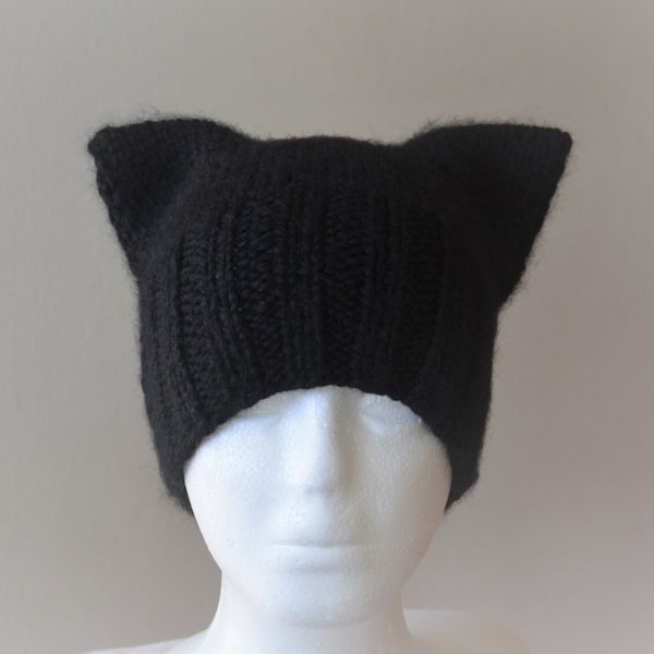 Black Knit Pussyhat Project, Women’s March, Madonna Black Cat Ear Hat, Made in USA