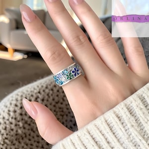 Sterling Silber Emaille Blumen Ring, Bunte Daisy Wiese Band, verstellbare Frühling Sommer Schmuck