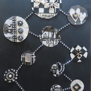 Collage art, bold colors, beautiful, mixed media, black, white, silver
