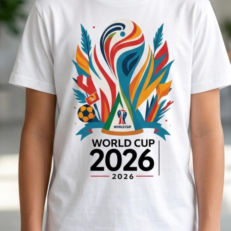 以下が含まれることがあります： 2026年ワールドカップのカラフルなグラフィックデザインが施された白いTシャツ。サッカーボール、赤、青、オレンジ、緑の抽象的な形、そして「WORLD CUP 2026」の文字が含まれています。