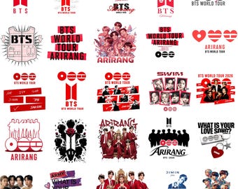May include: A collection of red and white BTS-themed graphics and logos. The designs include the BTS logo, text, and images of the band members. Some designs feature the words "BTS World Tour" and "Arirang."