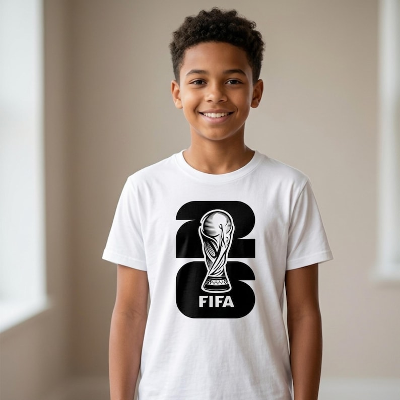 以下が含まれることがあります： FIFAワールドカップのトロフィーと数字22の白黒グラフィックが特徴の白いTシャツ。トロフィーの下には「FIFA」の文字がプリントされています。笑顔の人が着ています。