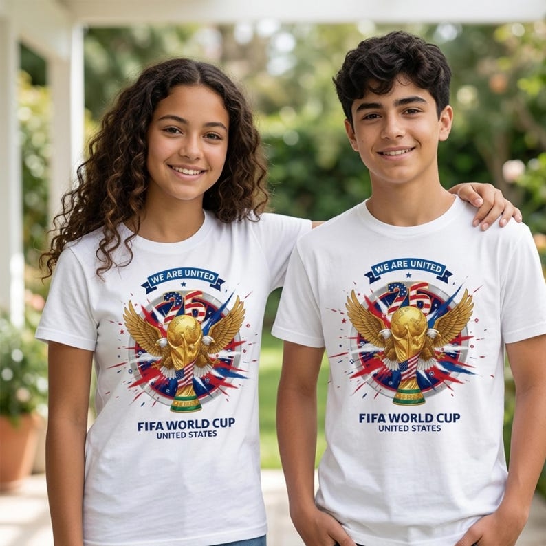 以下が含まれることがあります： FIFAワールドカップのデザインが施された白いTシャツを着た2人。シャツには、翼の付いた金色のトロフィー、「WE ARE UNITED」の文字、そして「FIFA WORLD CUP UNITED STATES」の文字が描かれています。デザインには赤、白、青の要素が組み込まれています。