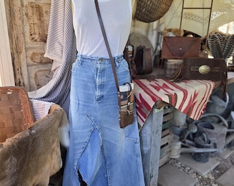 Falda larga vaquera Wrangler vintage reciclada – Falda vaquera estilo boho western reconstruida