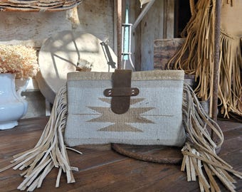 Bolso de mano estilo western de lana vintage – Bolso de cuero con flecos cosido a mano – Bolso estilo boho del suroeste