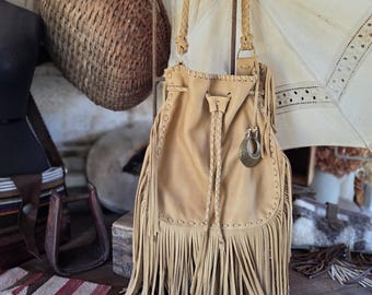 Western Leather Fringe Bag, Sustainable Bohemian Hobo Purse with Vintage Horse Brass Medallion, Golden Brown Artisan Laced Shoulder Bag