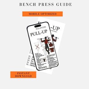 Op de afbeelding: Een voor mobiel geoptimaliseerde pull-up gids met de tekst "PULL-UP" op een smartphonescherm. De gids bevat oefenillustraties en tekst zoals "Pro Tips" en "Instant Download". De achtergrond is licht neutraal.