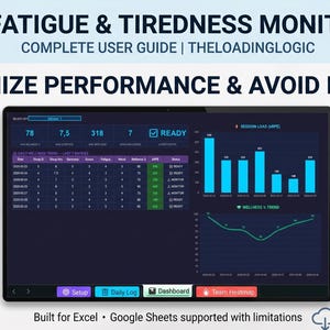Puede incluir: Gráfico digital con el texto «FATIGUE & TIREDNESS MONITOR» y «OPTIMIZE PERFORMANCE & AVOID INJURY». La pantalla muestra visualizaciones de datos, incluidos gráficos de barras y un gráfico lineal, con las palabras «Daily Wellness Check» y «Team Overview».