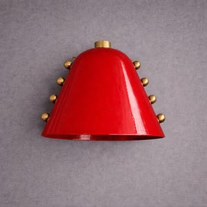 Red Wall Sconce, Mid Century Modern Lighting, Brass Stud Cone Lamp, Retro Wall Light Fixture, Vintage Style Statement Lighting
