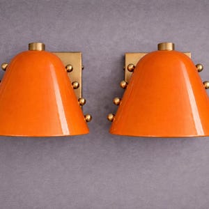 Orange Wall Sconce Set, Mid Century Modern Lighting, Brass Cone Wall Lamp Pair, Retro Wall Light Fixture, Vintage Style Statement Lighting