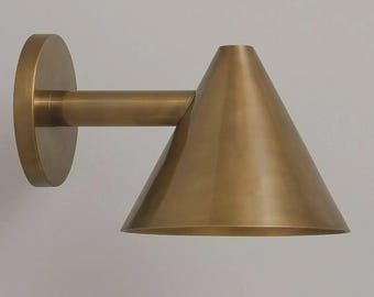 Modern Brass Wall Sconce Cone Shade, Minimalist Wall Lamp, Mid Century Brass Light Fixture, Contemporary Bedside Wall Lighting
