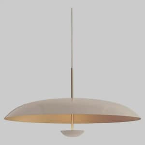May include: A modern, cream-colored pendant light fixture with a wide, saucer-shaped shade. The interior of the shade has a gold finish, and a smaller, matching bowl-shaped element hangs below. The fixture is suspended from a thin, vertical rod.