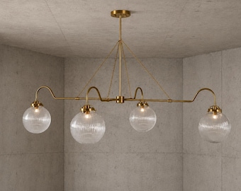 Mid Century Modern Brass Chandelier, 4 Light Glass Globe Pendant, Modern Hanging Ceiling Light Fixture for Dining Room Kitchen Island