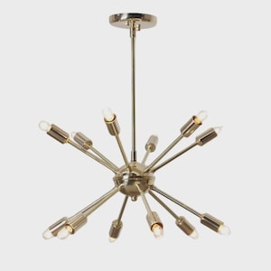 Mid Century Modern Sputnik Chandelier, Brass Starburst Pendant Light, 12 Light Atomic Ceiling Fixture