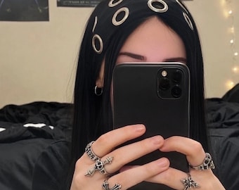 Black Gothic Style Metal Eyelet Headband, Wide Grunge Punk Headband, Mall Goth Fabric Headband, Alt Hair Accessory